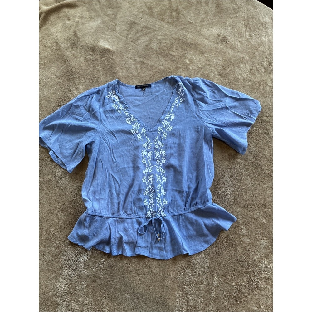 Women's Top Large Blue Boho‎ Cottagecore Indie Floral Embroidered Peplum Blouse